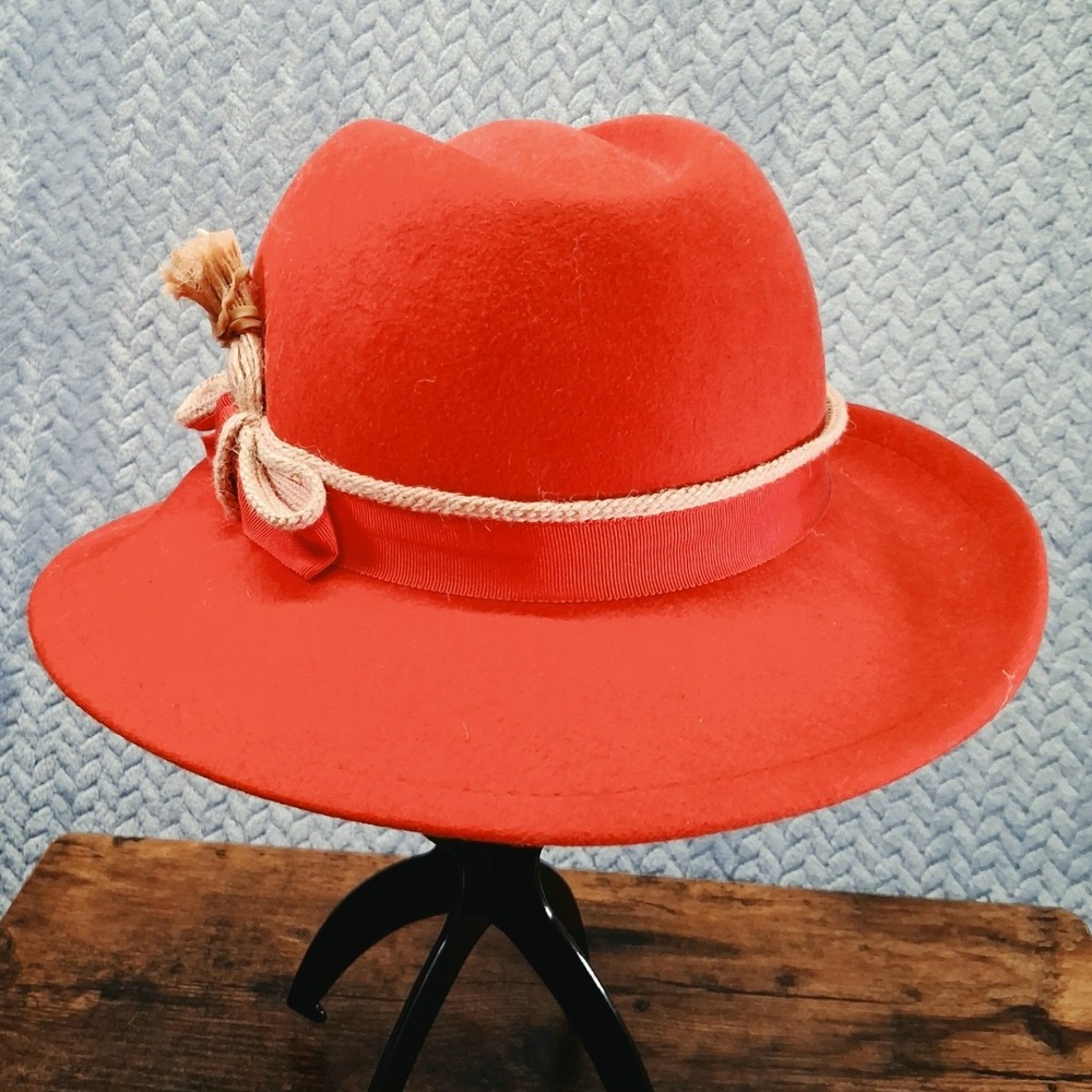 Vintage Red Wool Fedora Hat Union Made USA WPL 5923 Rope Trim Tassel Accent